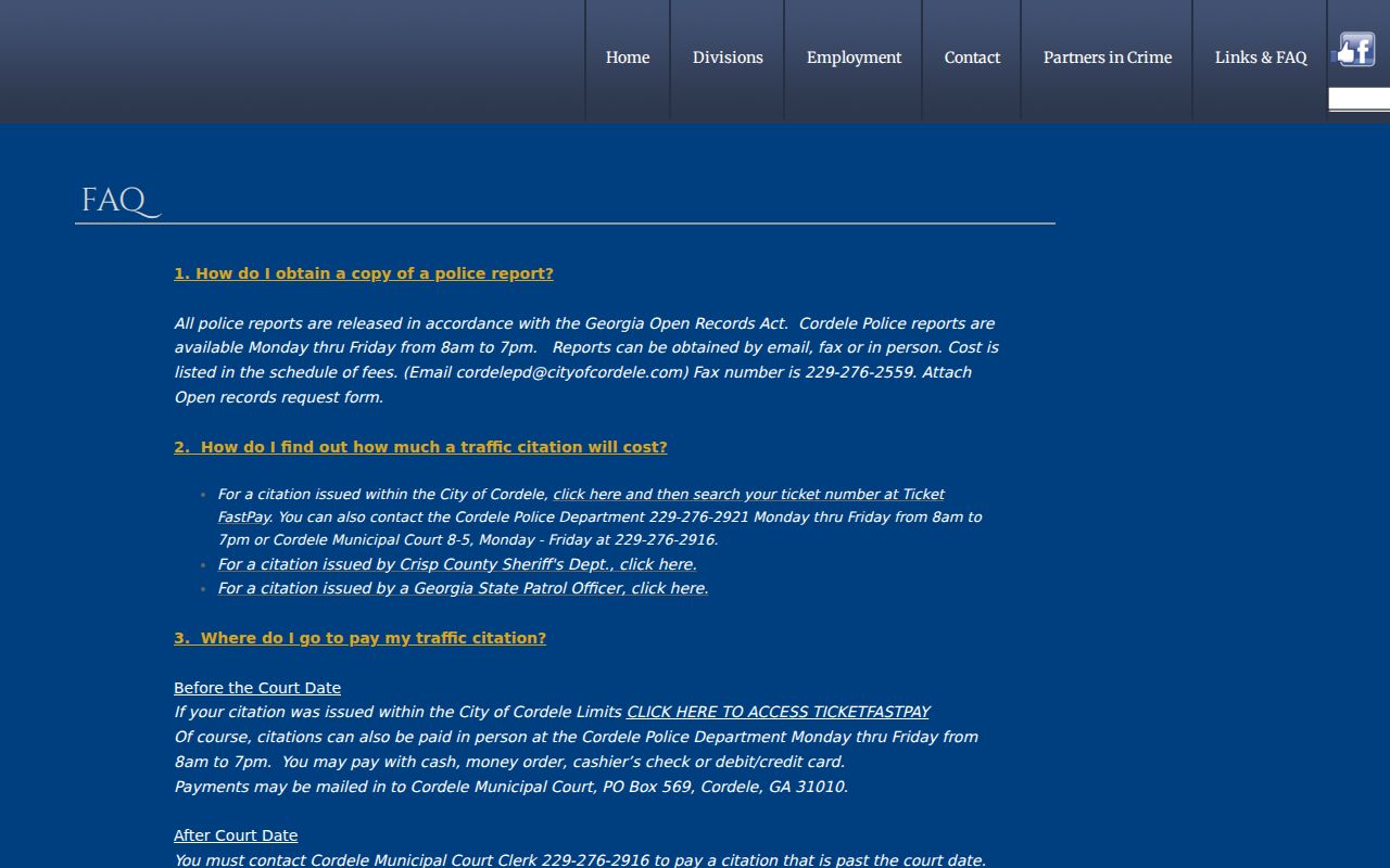 Cordele warrant records Police FAQ