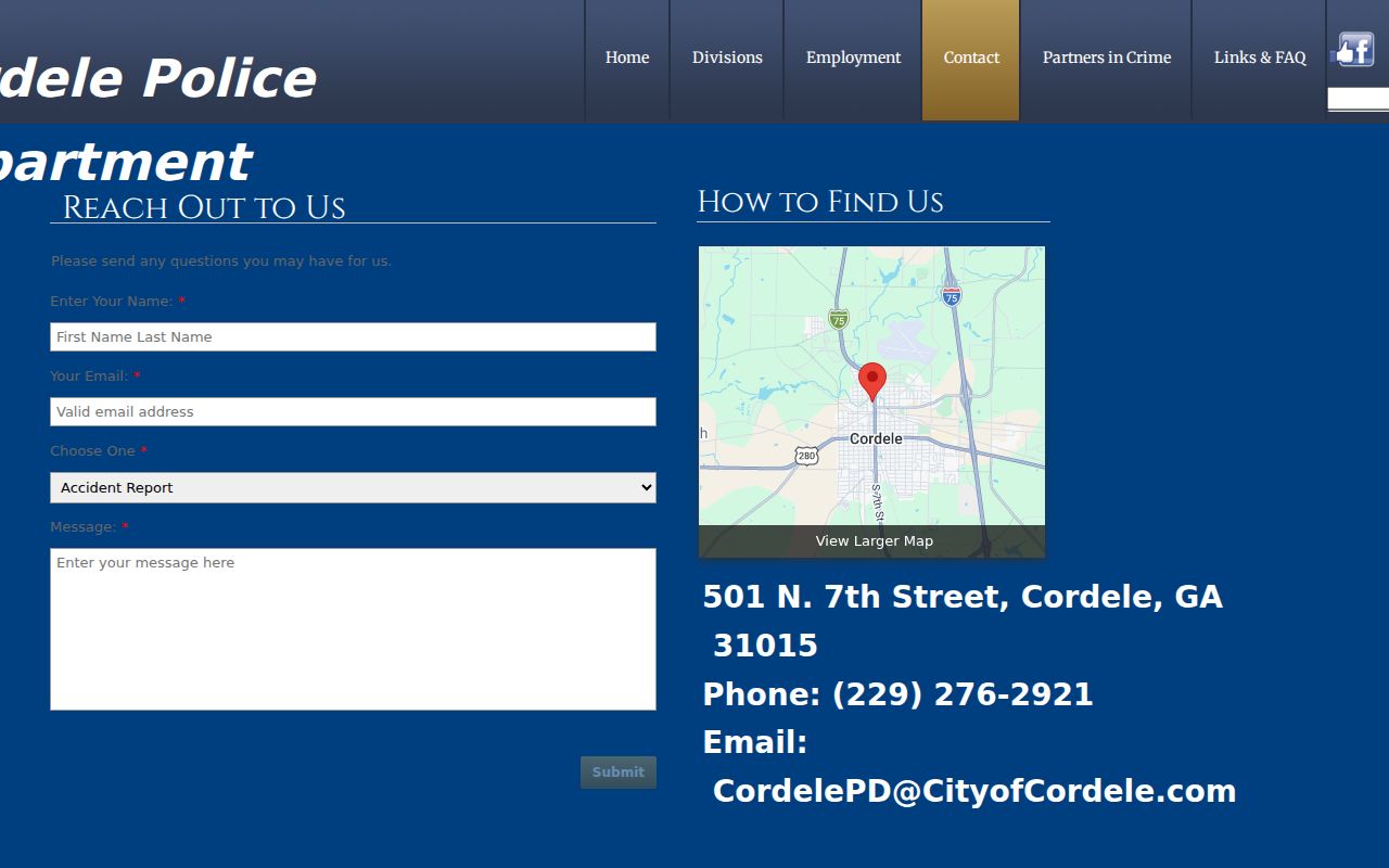 Cordele warrant records police contact page