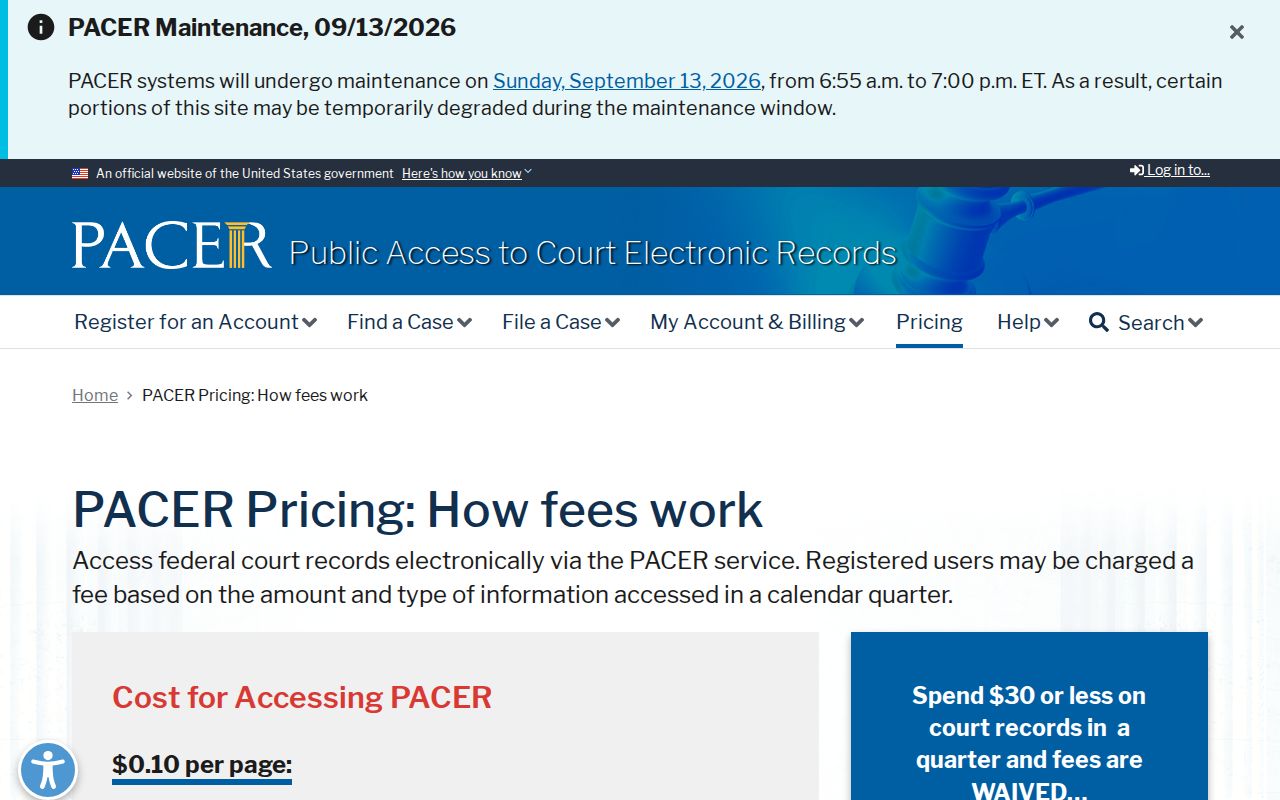 Official PACER federal docket pricing information